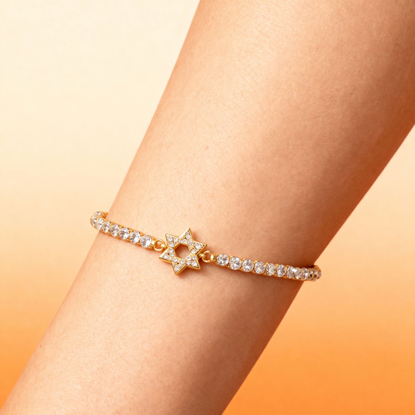 CZ Tennis Bracelet: Pave Star of David Charm & Adjustable Gold