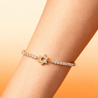 CZ Tennis Bracelet: Pave Star of David Charm & Adjustable Gold