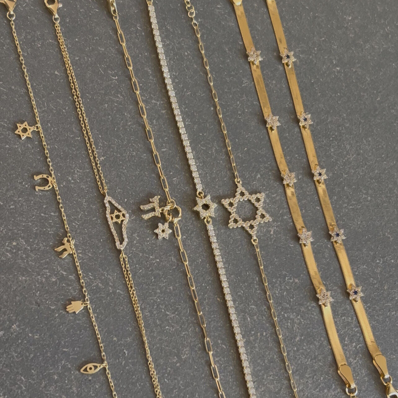 CZ Tennis Bracelet: Pave Star of David Charm & Adjustable Gold