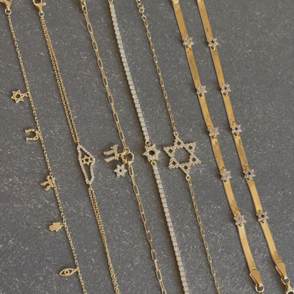 CZ Tennis Bracelet: Pave Star of David Charm & Adjustable Gold