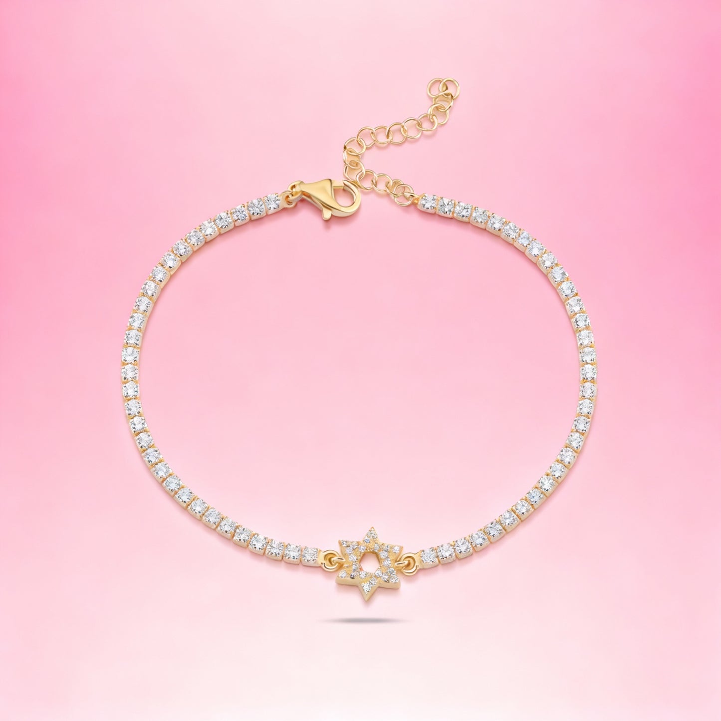 CZ Tennis Bracelet: Pave Star of David Charm & Adjustable Gold