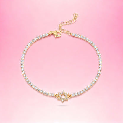 CZ Tennis Bracelet: Pave Star of David Charm & Adjustable Gold
