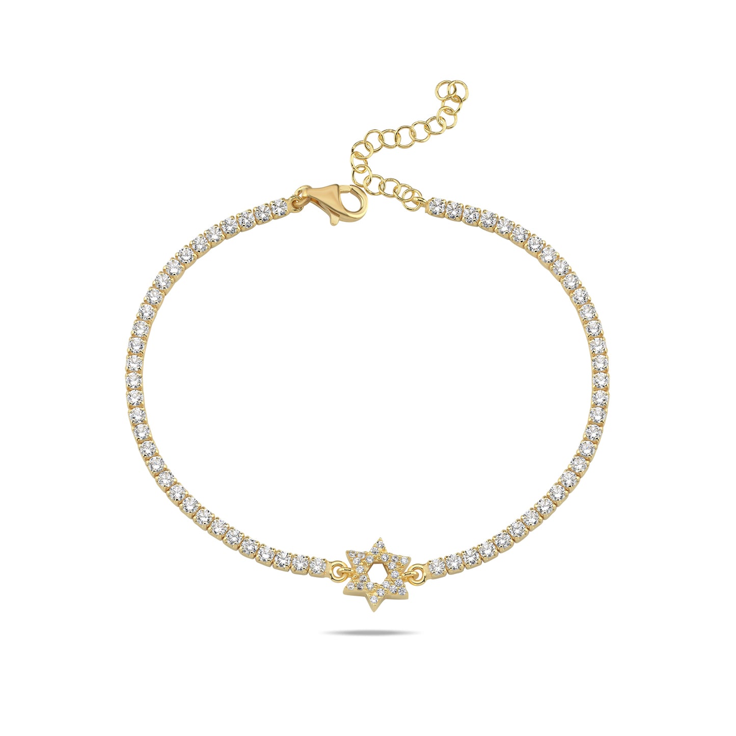 CZ Tennis Bracelet: Pave Star of David Charm & Adjustable Gold