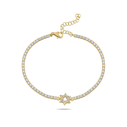 CZ Tennis Bracelet: Pave Star of David Charm & Adjustable Gold