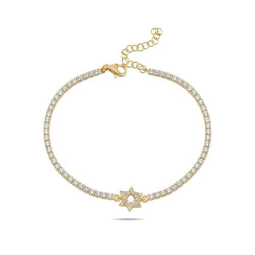 CZ Tennis Bracelet: Pave Star of David Charm & Adjustable Gold
