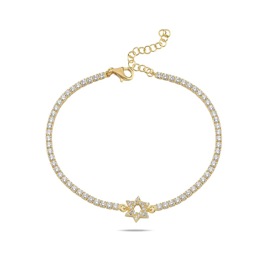 CZ Tennis Bracelet: Pave Star of David Charm & Adjustable Gold