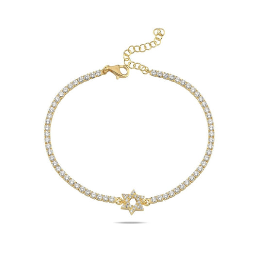 CZ Tennis Bracelet with Pave Magen David Charm in Yellow Gold