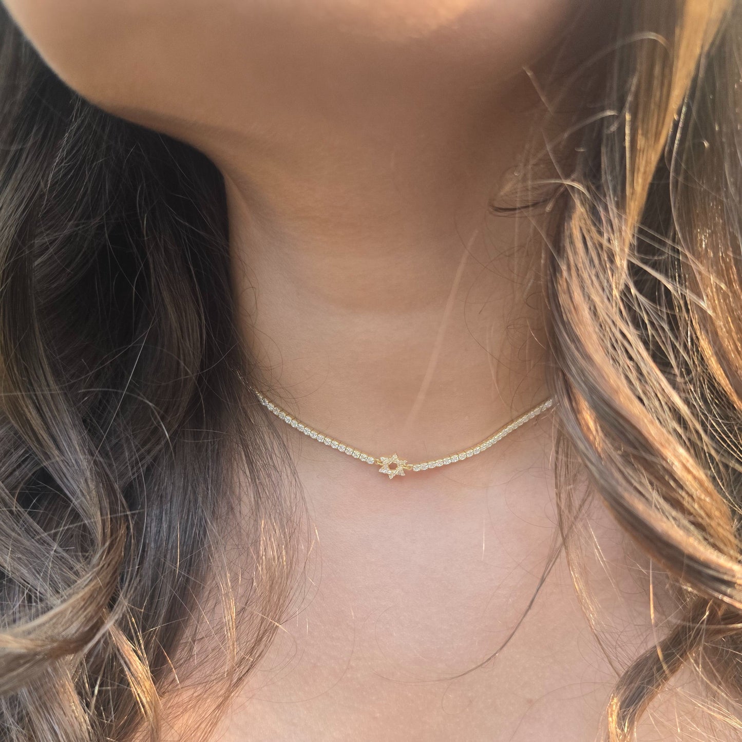 CZ Tennis Choker Necklace: Pave Star of David & Adjustable 14"-17"