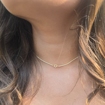 CZ Tennis Choker Necklace: Pave Star of David & Adjustable 14"-17"