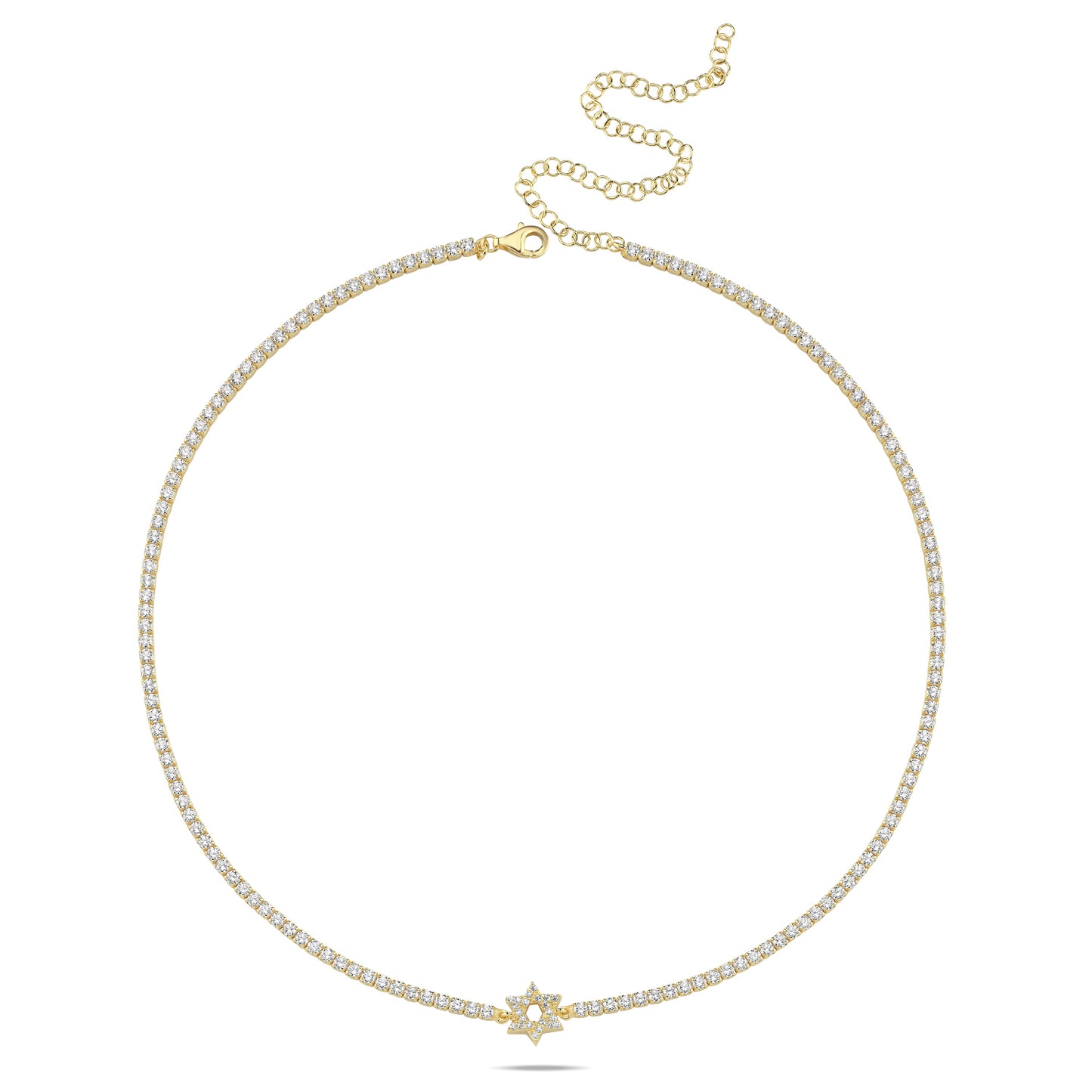 CZ Tennis Choker Necklace: Pave Star of David & Adjustable 14"-17"