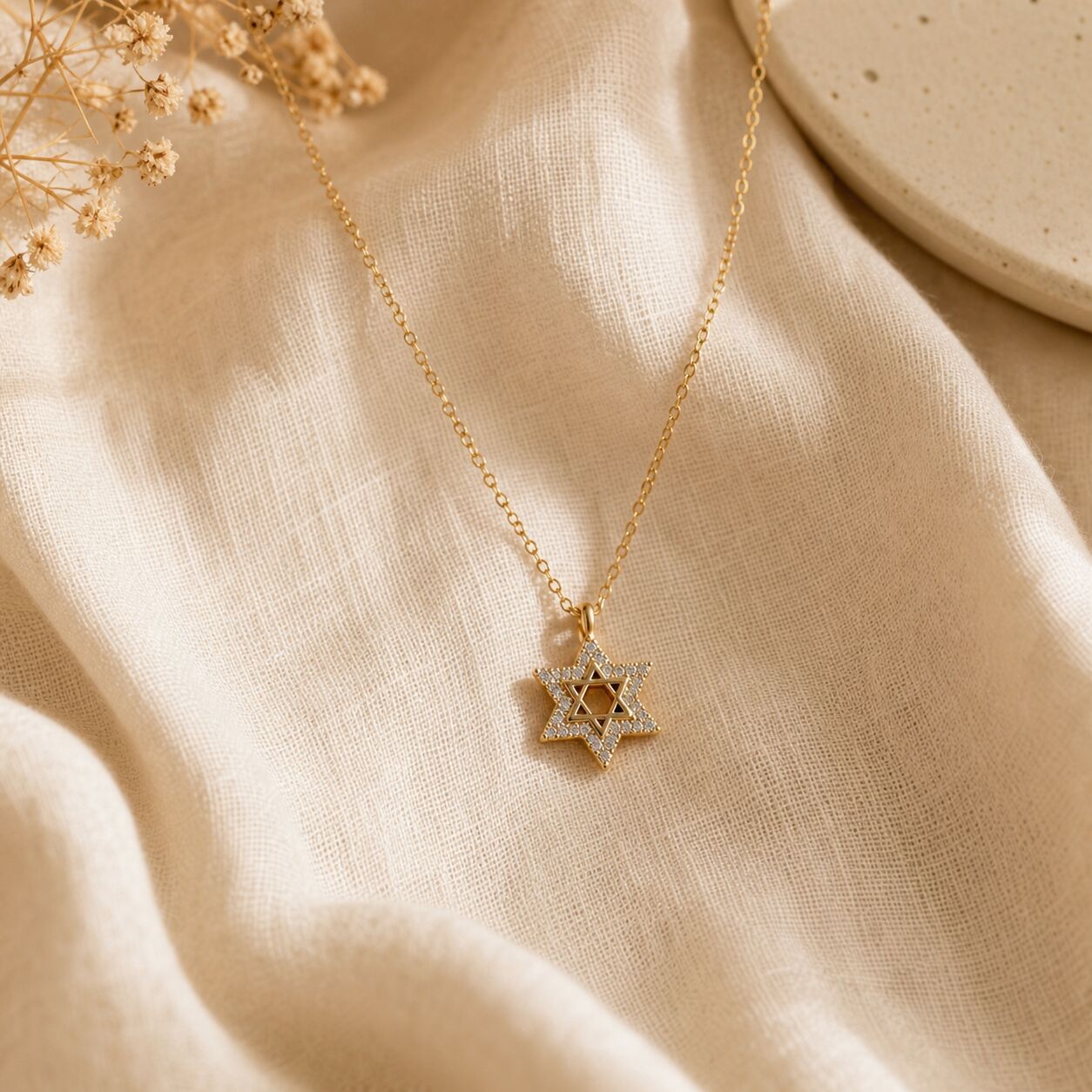 Pave-set cubic zirconia Jewish star necklace with high-polish finish detail by Alef Bet