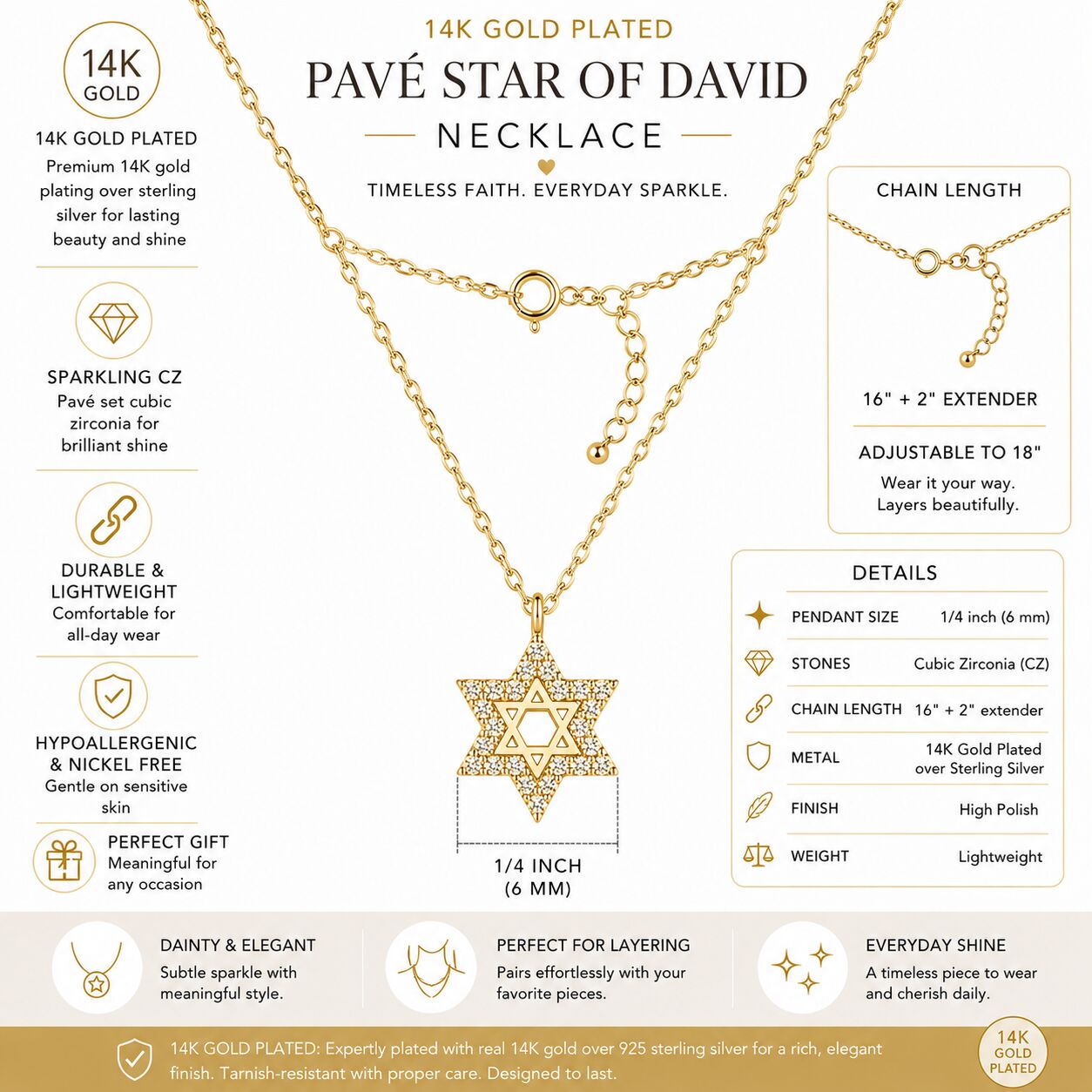 Dainty Pave Star of David Necklace in CZ Gold and Silver