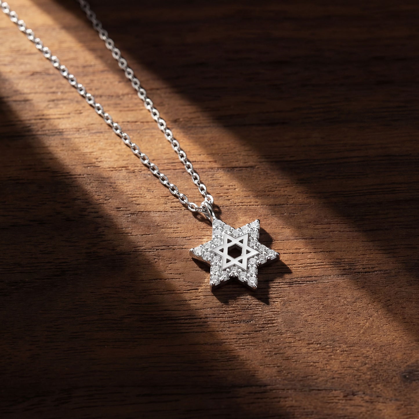 Pave-set cubic zirconia Jewish star necklace with high-polish finish detail by Alef Bet