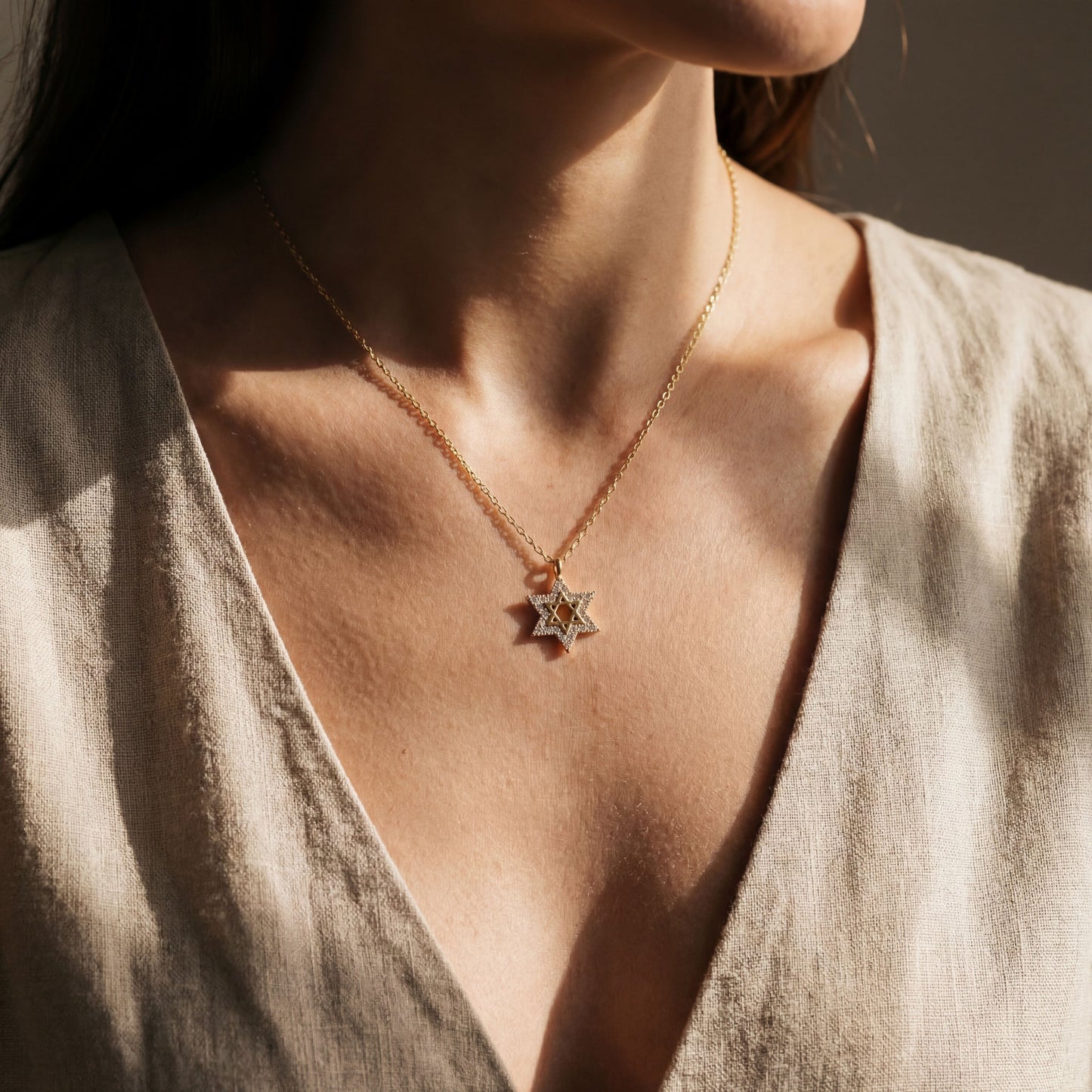 Dainty pave CZ Magen David pendant necklace available in gold and silver by Alef Bet