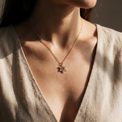 Dainty pave CZ Magen David pendant necklace available in gold and silver by Alef Bet