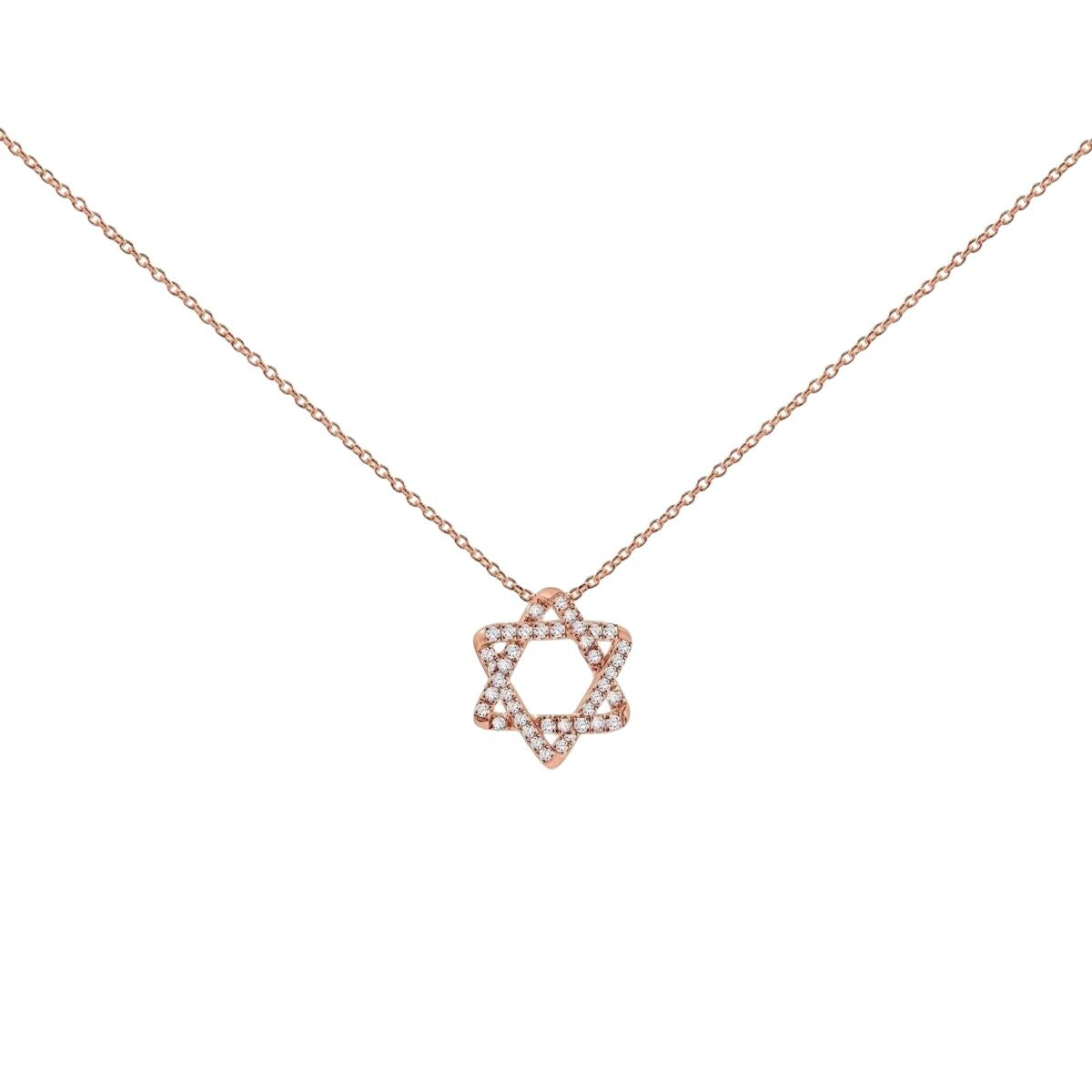 Pave diamond Jewish star necklace in 14k rose gold with satin finish by Alef Bet