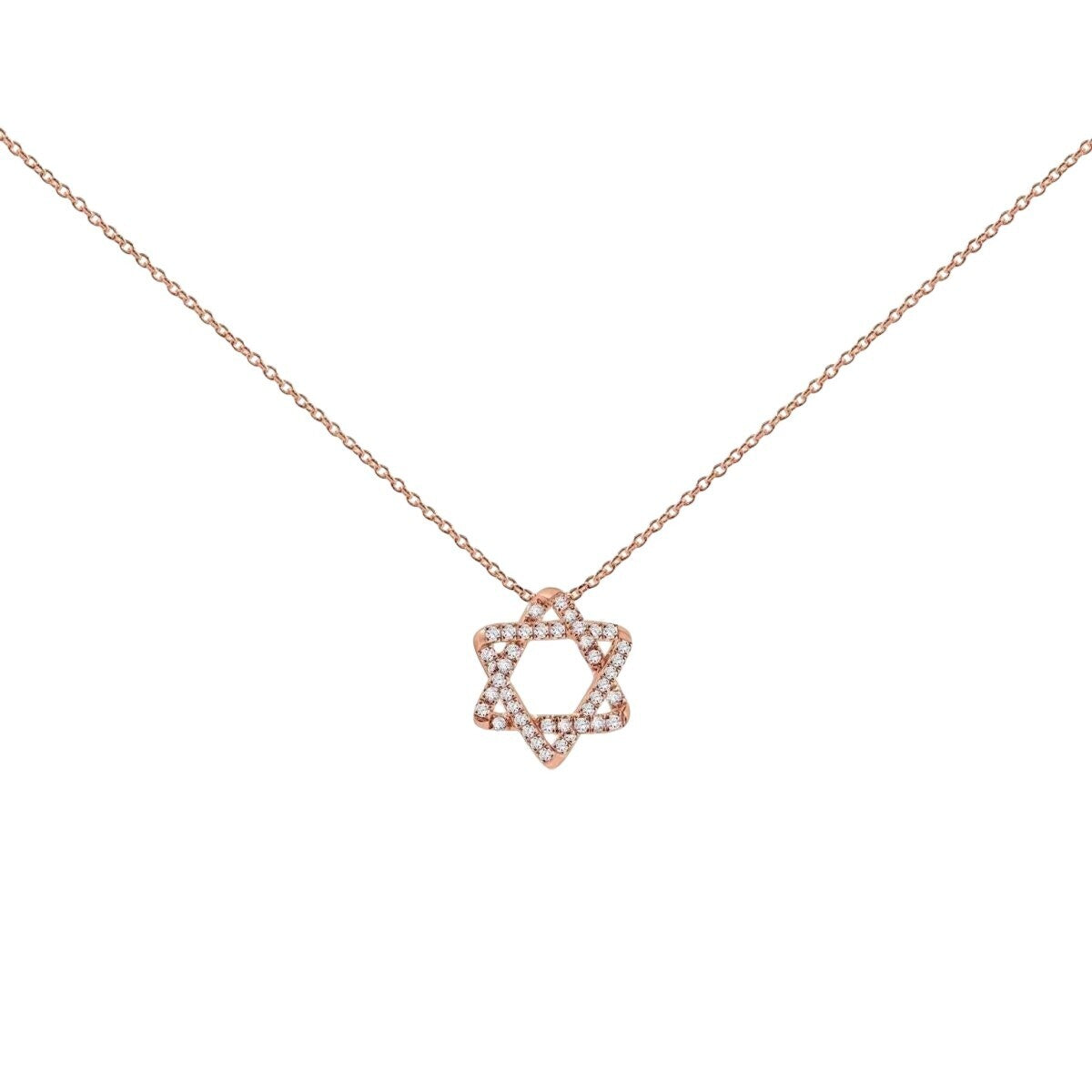 Pave diamond Jewish star necklace in 14k rose gold, 18 inch chain by Alef Bet