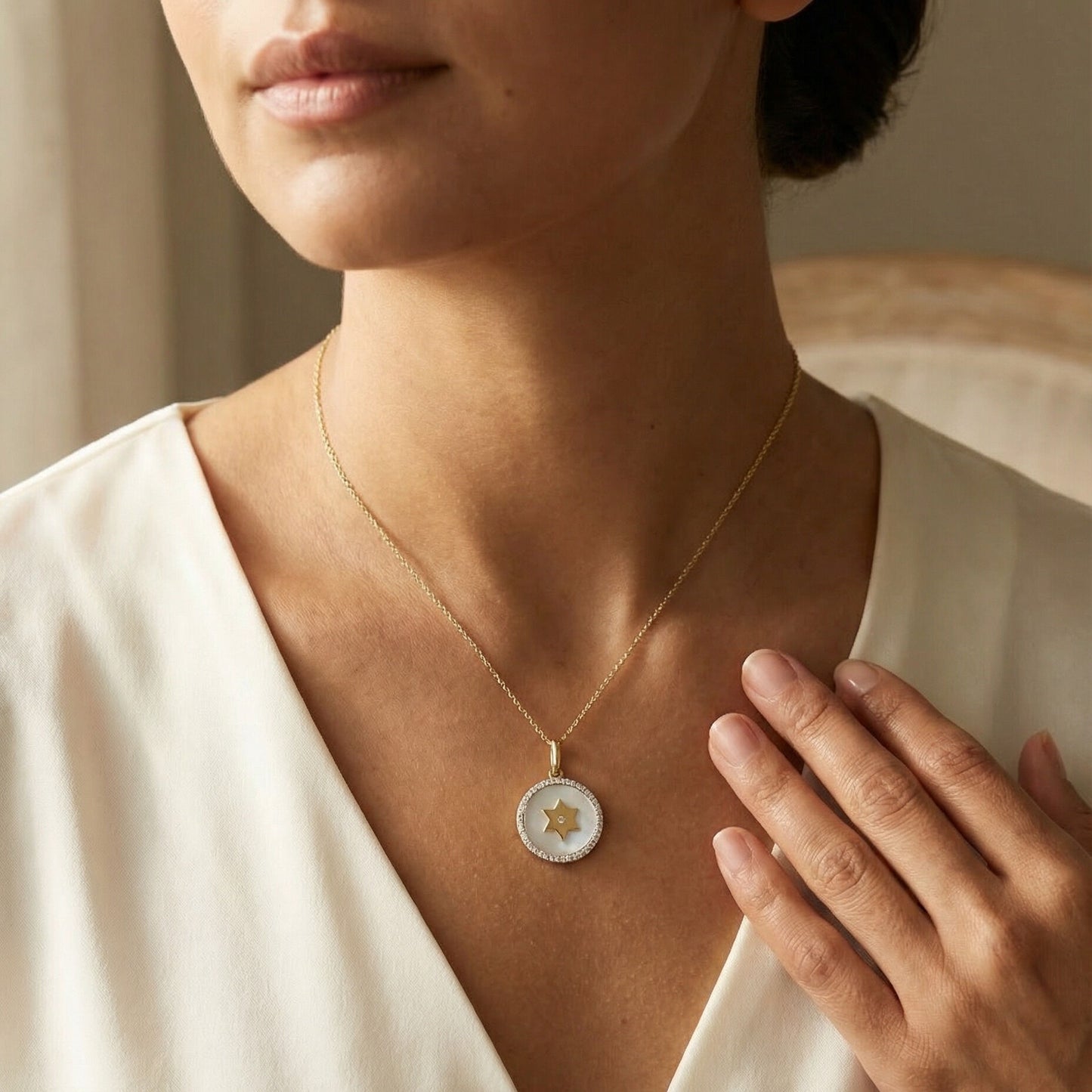 Diamond Mother of Pearl Star of David Necklace | Alef Bet