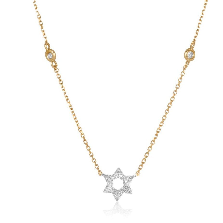 White gold Jewish star necklace with bezel-set round diamond center stone by Alef Bet