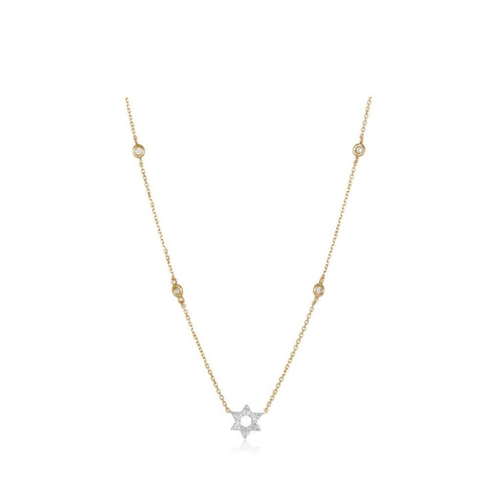 Diamond bezel-set Jewish Star necklace in yellow gold with pave diamond accents by Alef Bet