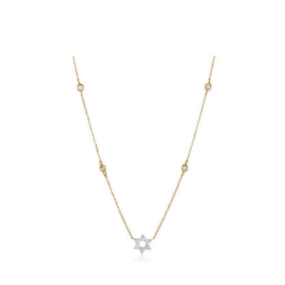 Diamond bezel Jewish star necklace in 18k white gold with pave-set round diamonds by Alef Bet