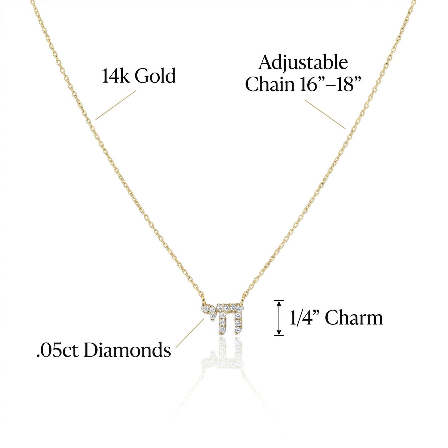 Hebrew chai necklace in 14k gold with pave diamond detailing, side angle by Alef Bet