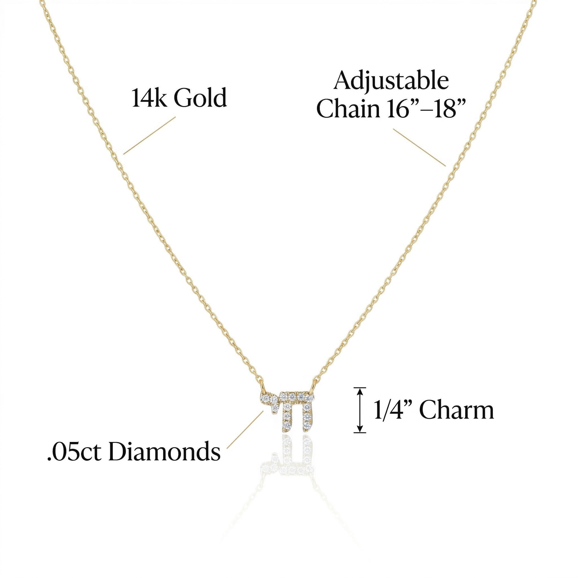 Hebrew chai necklace in 14k gold with pave diamond detailing, side angle by Alef Bet