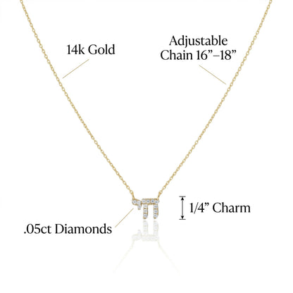 Hebrew chai necklace in 14k gold with pave diamond detailing, side angle by Alef Bet