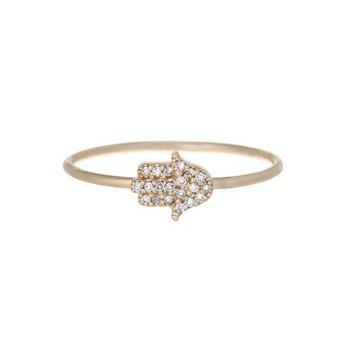 14k gold hamsa hand ring with pave-set diamonds by Alef Bet