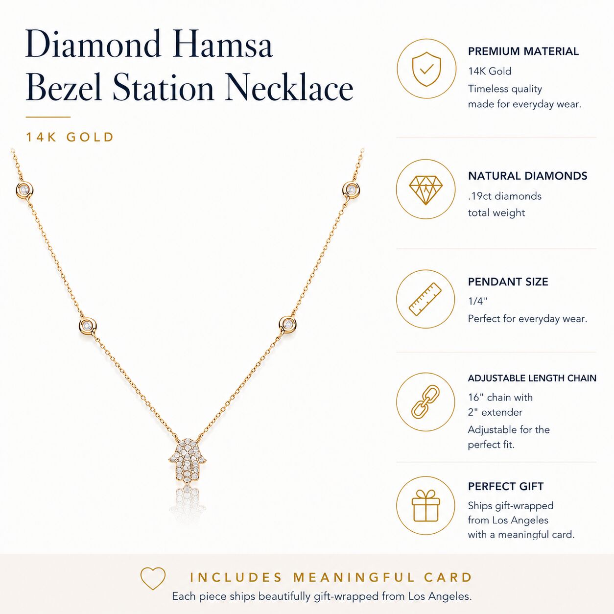 Hamsa necklace in 14k gold with bezel-set diamond details by Alef Bet