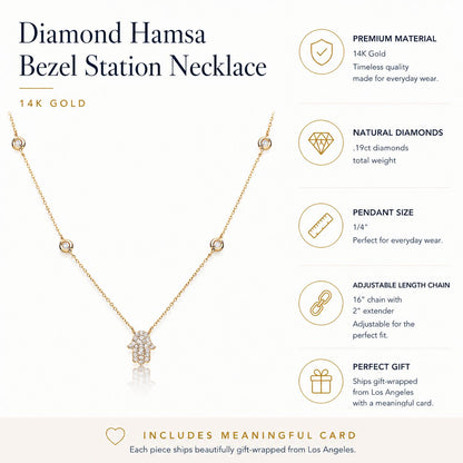 Hamsa necklace in 14k gold with bezel-set diamond details by Alef Bet
