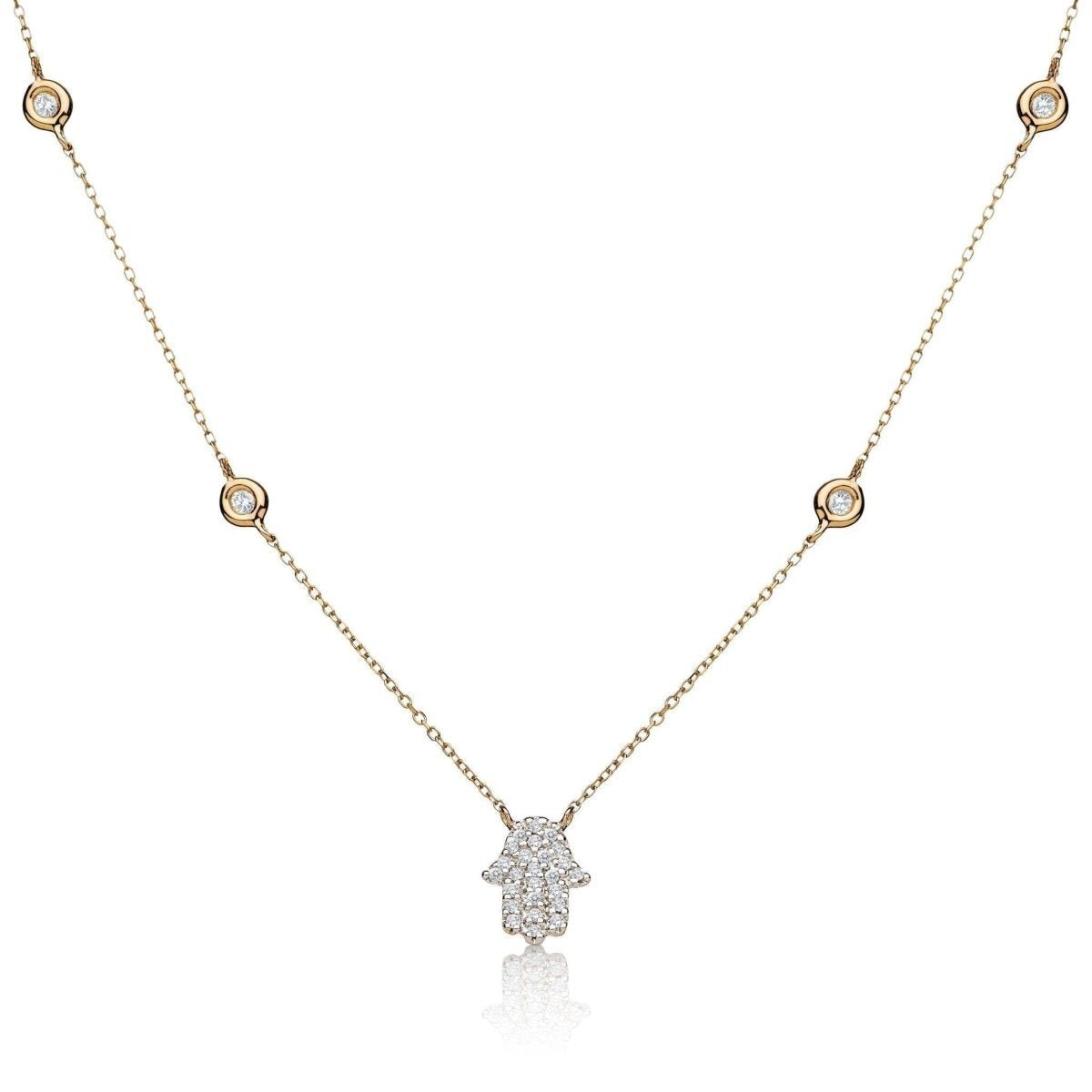Diamond Hamsa Bezel Station Necklace 14k Gold | Yellow, White or Rose Gold