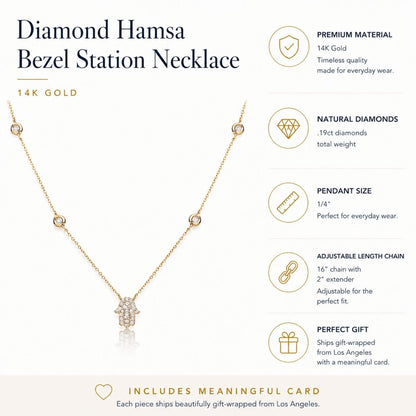 Diamond Hamsa Bezel Station Necklace 14k Gold | Yellow, White or Rose Gold
