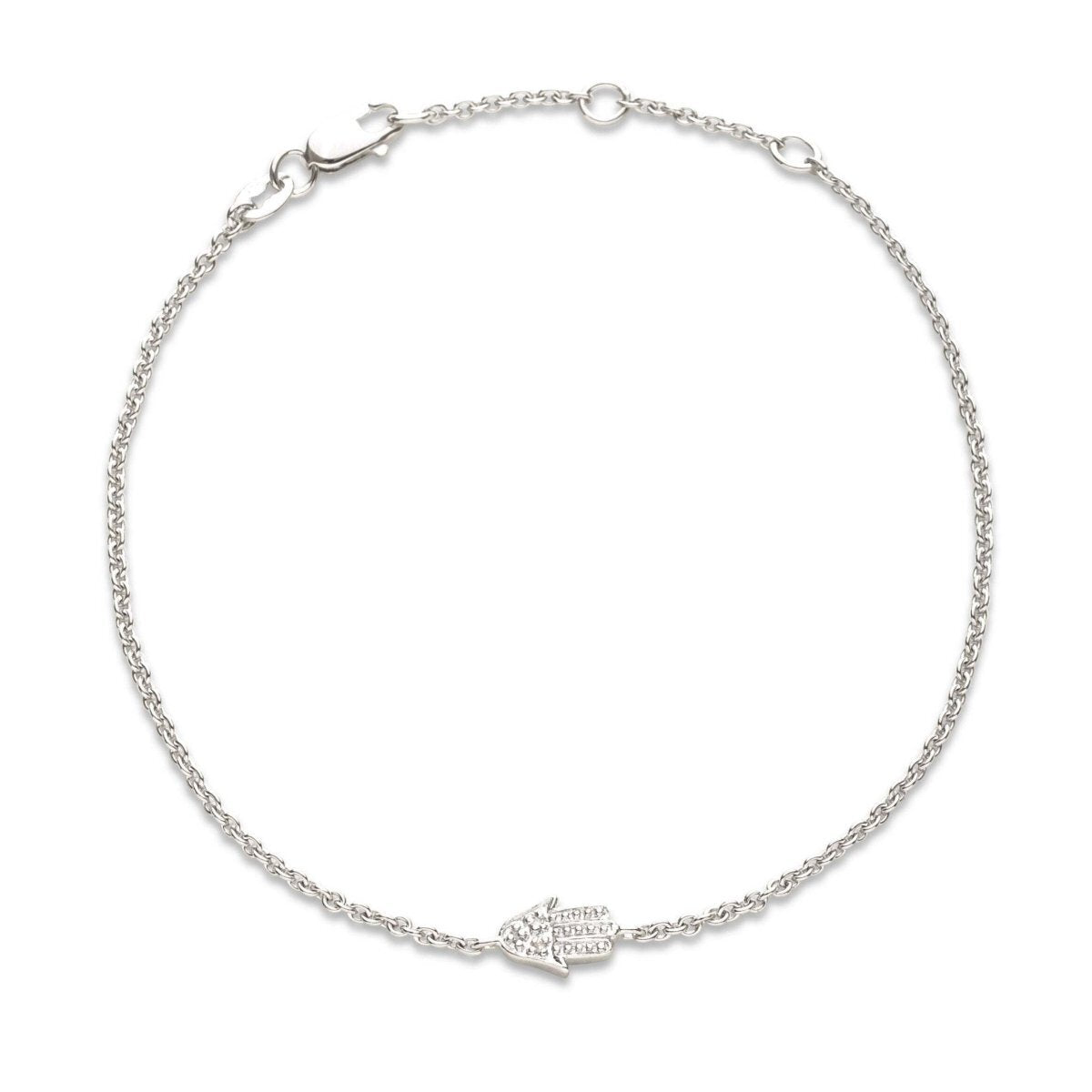 Diamond hamsa bracelet made with 14k gold or sterling silver, featuring .02 ct diamonds, adjustable from 6.5" to 7.5". A lovely, protective charm.