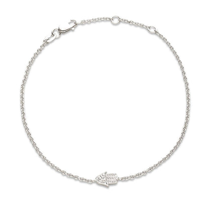 Diamond hamsa bracelet made with 14k gold or sterling silver, featuring .02 ct diamonds, adjustable from 6.5" to 7.5". A lovely, protective charm.