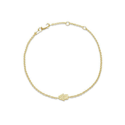 Diamond hamsa bracelet made of 14k gold or sterling silver, featuring .02 ct diamonds and an adjustable chain for wrist sizes 6.5" to 7.5".
