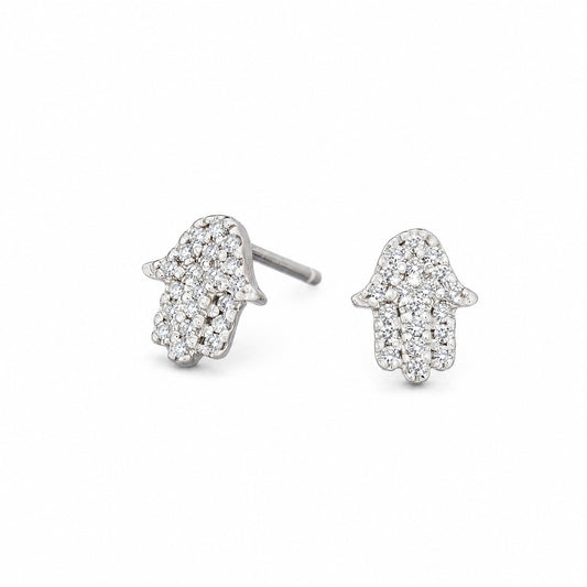 Diamond hamsa earrings in 14k gold with pave-set diamonds by Alef Bet