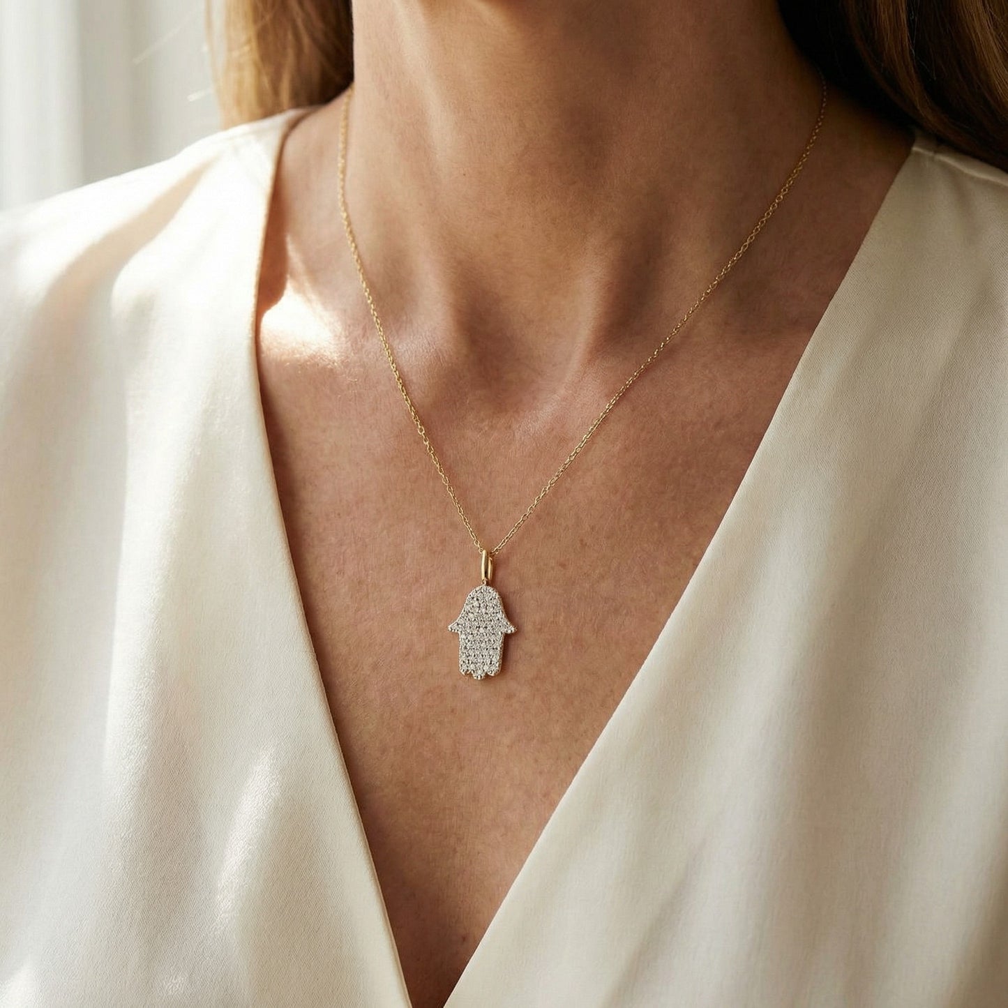 Diamond pave hamsa pendant in 14k white gold showcasing pave-set stones by Alef Bet