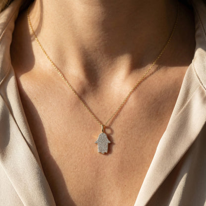 Pave diamond hamsa charm in 14k white gold on 16 inch chain by Alef Bet