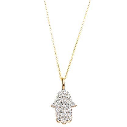 Diamond pave hamsa necklace in 14k yellow gold with high-polish finish by Alef Bet