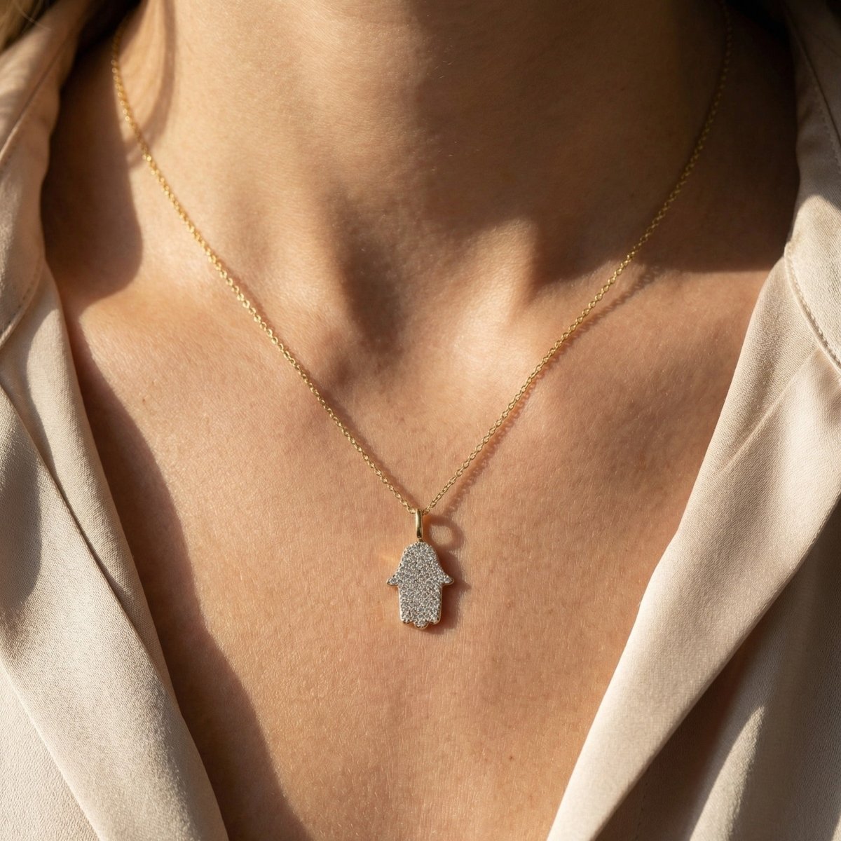 Diamond Hamsa Necklace in 14k Gold
