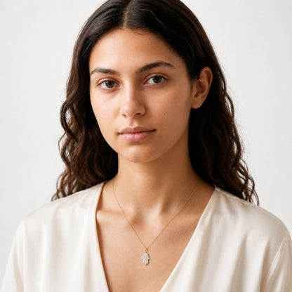 Diamond Hamsa Necklace in Solid 14k Yellow Gold - The Classic