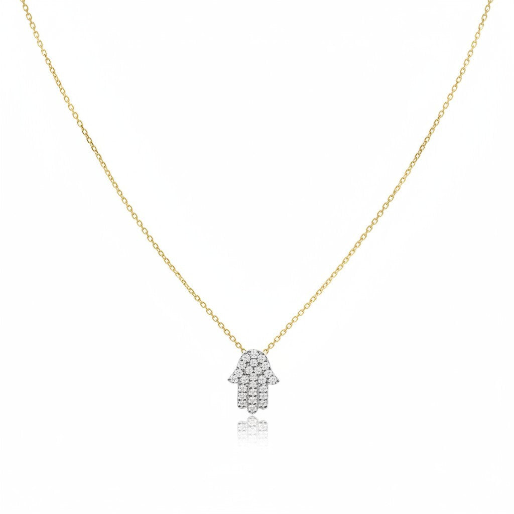 Diamond hamsa necklace in 14k yellow gold with pave-set diamonds by Alef Bet
