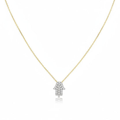 Diamond hamsa necklace in 14k yellow gold with pave-set diamonds by Alef Bet