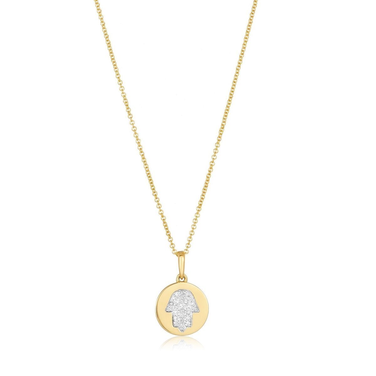 Diamond Hamsa of Blessing Pendant Necklace in Solid 14k Yellow Gold