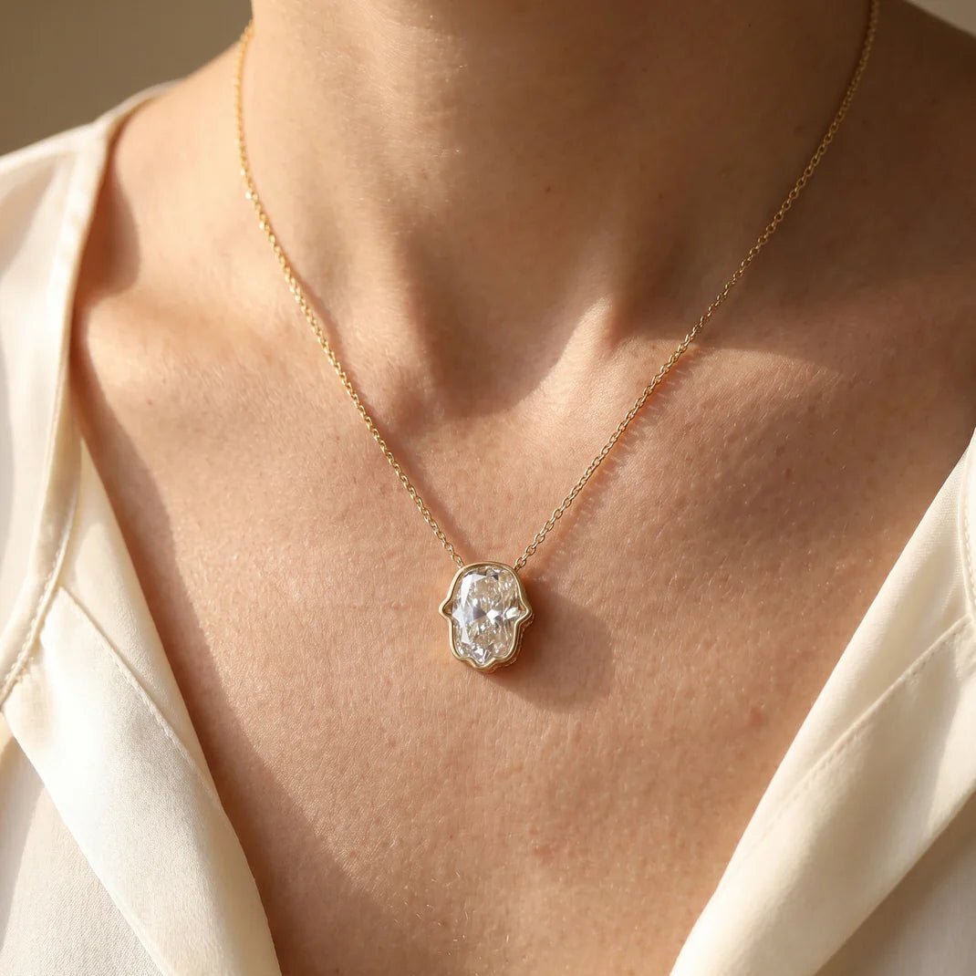 Hamsa Hand Pendant in 14k Yellow Gold Diamond Hand Cut