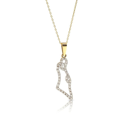 Diamond Israel map pendant necklace in 14k yellow gold with pave-set diamonds by Alef Bet