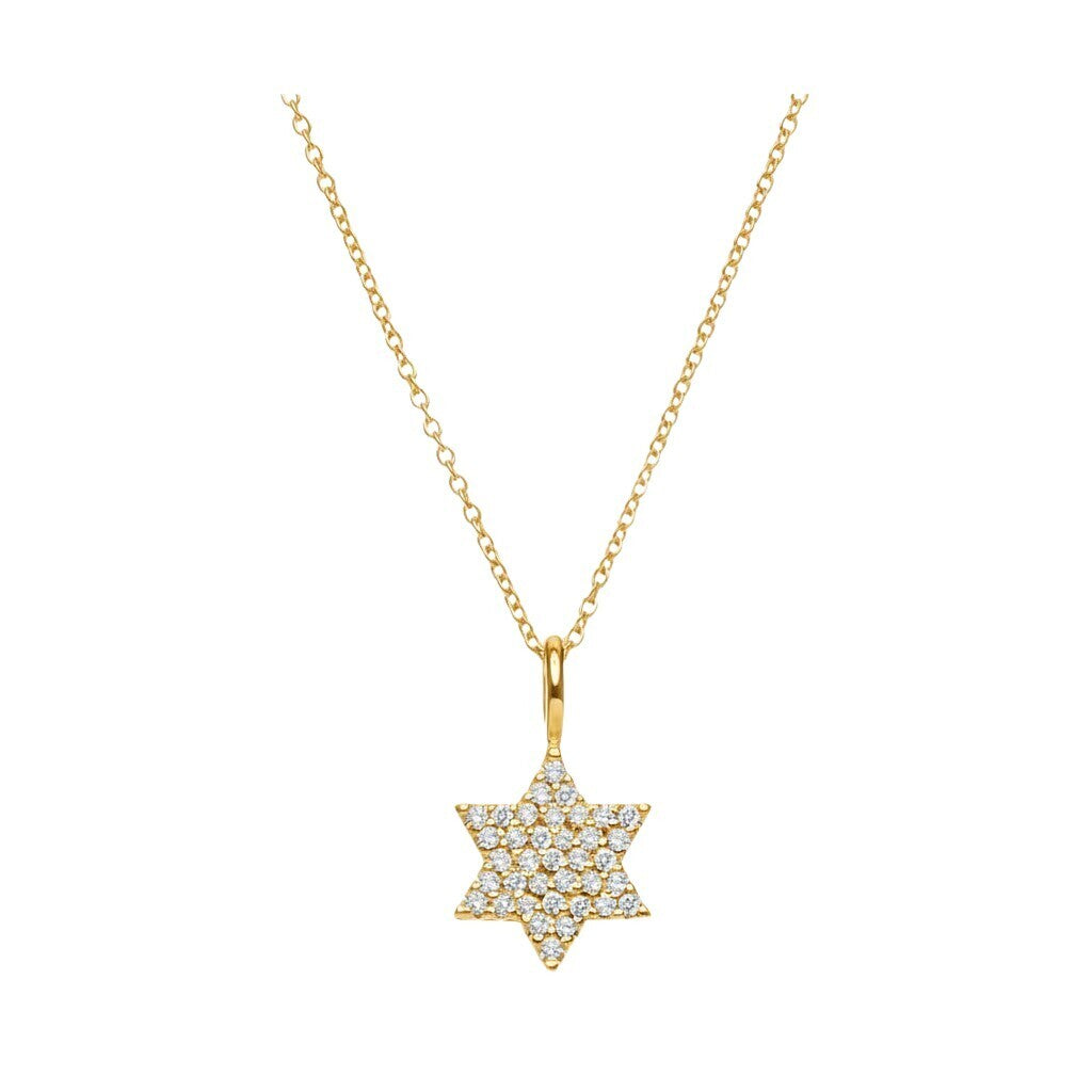 Diamond Jewish star necklace in 14k yellow gold with pave-set diamonds by Alef Bet