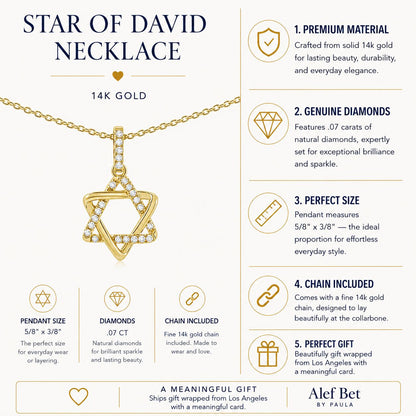 Pave diamond star of David necklace in yellow gold, detailed close-up by Alef Bet