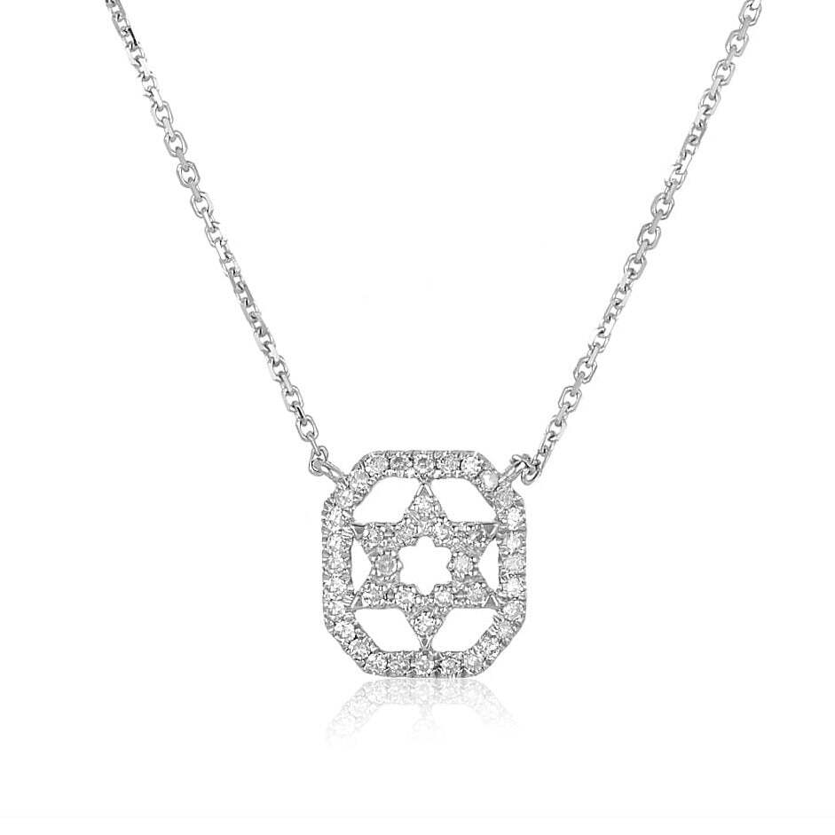 Diamond Pave Star of David Necklace in 14k Gold Square Frame